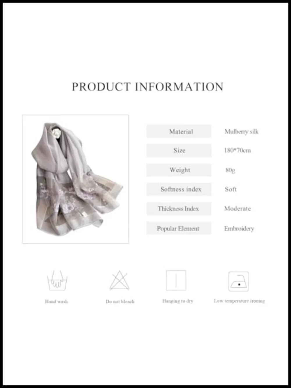 Silk Chiffon Scarf With Lotus Embroidery, Lightweight Shawl Wrap, Floral Pattern